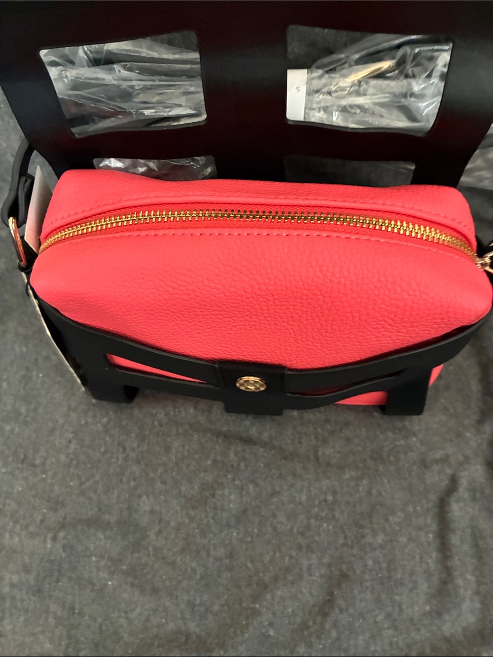 Black and Coral Crossbody Bag with Gold Ring Accent - Picture 5 of 7